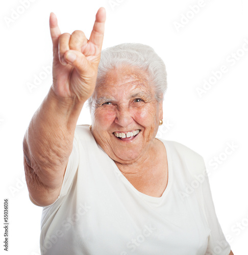 old woman rock gesture on white background