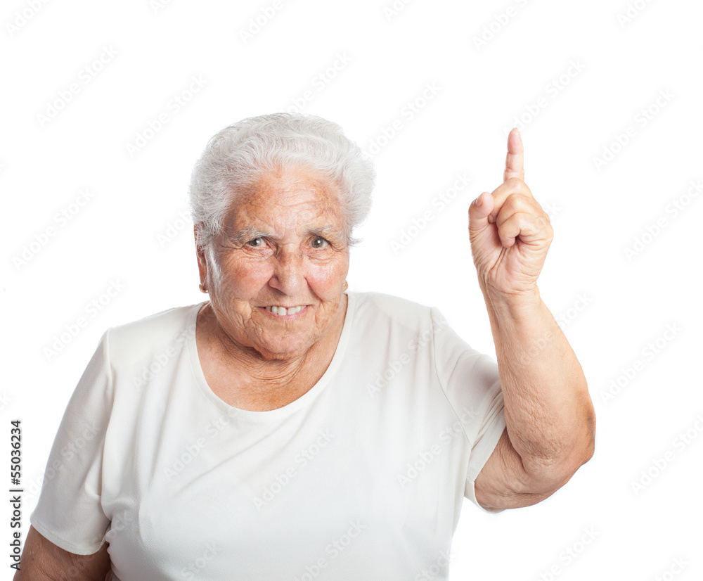elder women pointing up on a white background elder women pointing up on a white background