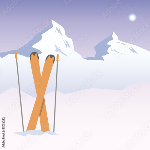 Illustration of snowy mountains and skis