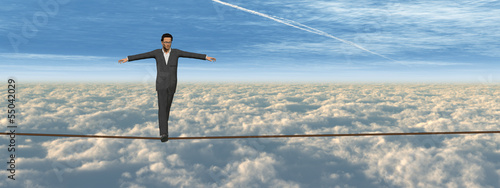 Conceptual 3D business man on rope banner