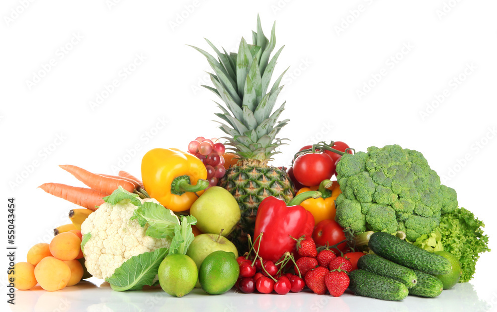 Assortment of fresh fruits and vegetables, isolated on white Assortment of fresh fruits and vegetables, isolated on white