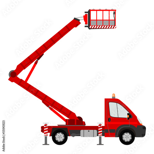 Red bucket truck. Aerial work platform in working position. Side view. Flat vector.