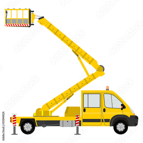 Yellow bucket truck. Aerial work platform in working position. Side view. Flat vector.
