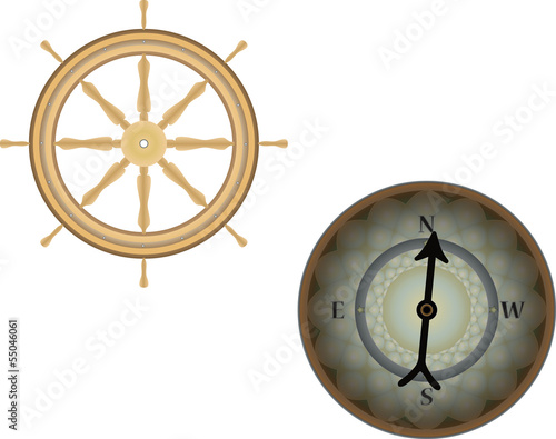 Wooden ships helm wheel and compass