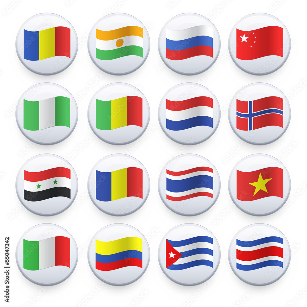 Set of flags printed on white button. Set of flags printed on white button.