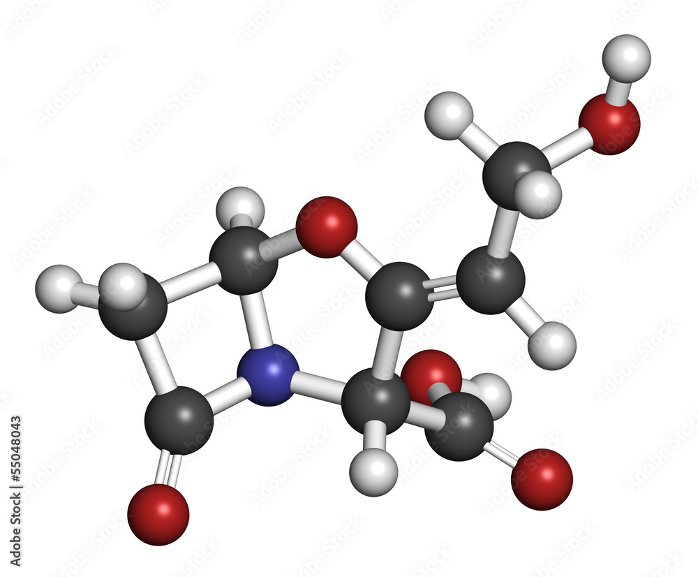 Clavulanic acid beta-lactamase blocker drug, chemical structure. Clavulanic acid beta-lactamase blocker drug, chemical structure.