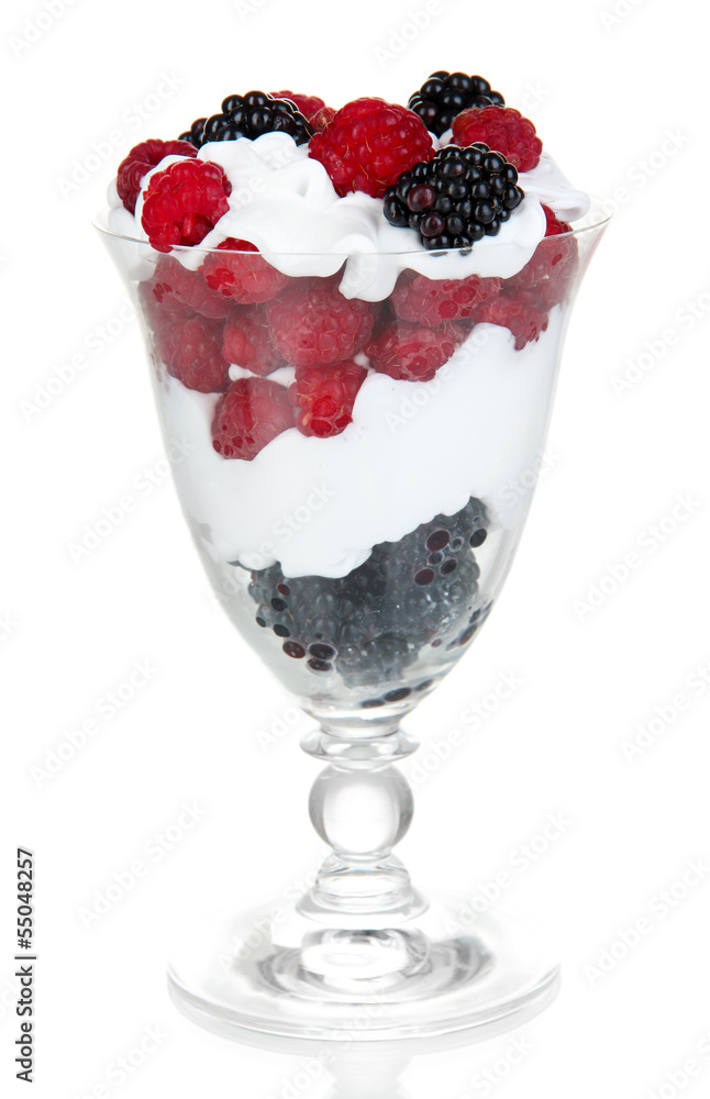 Natural yogurt with fresh berries isolated on white Natural yogurt with fresh berries isolated on white