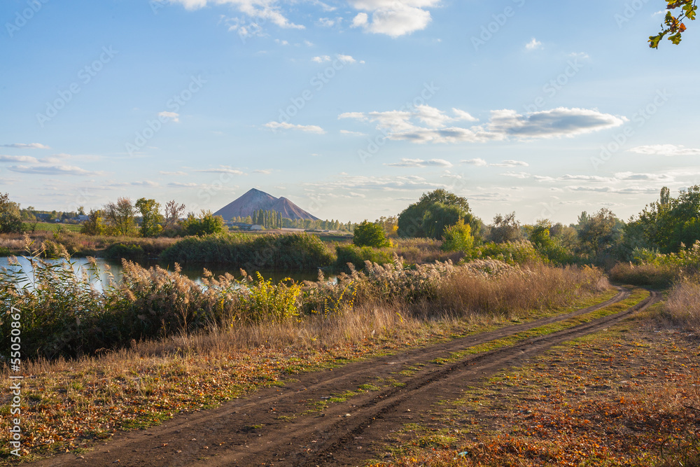 Slagheap and mine in ukrainian steppe