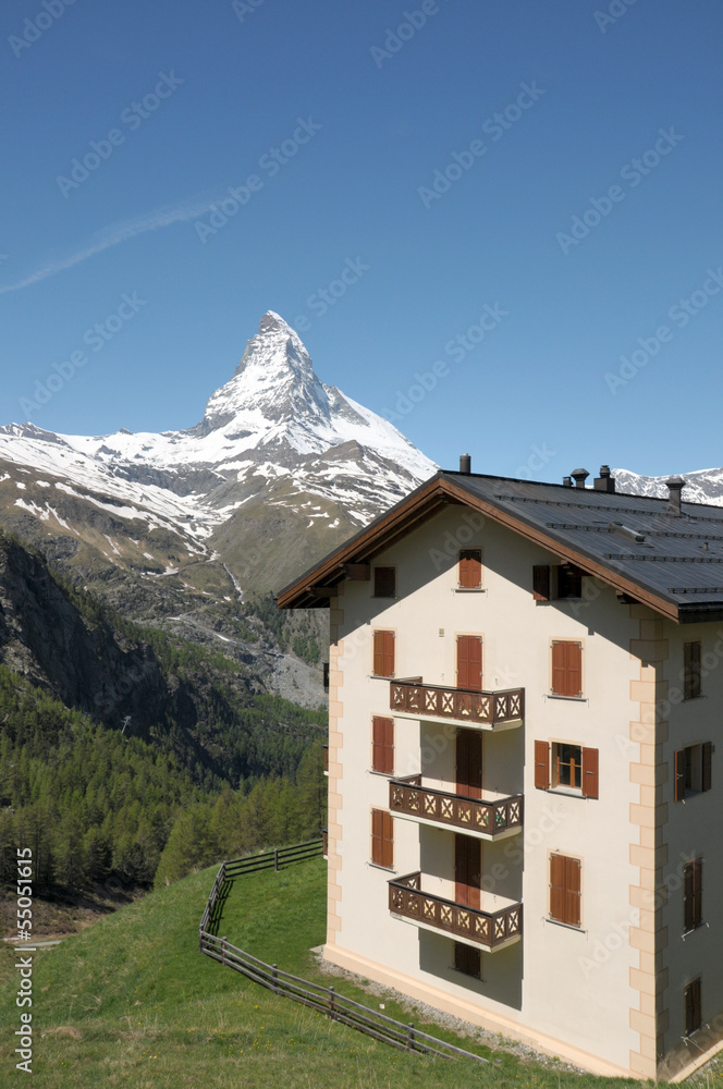 Hotel at Riffelalp and the Matterhorn in Swiss Alps