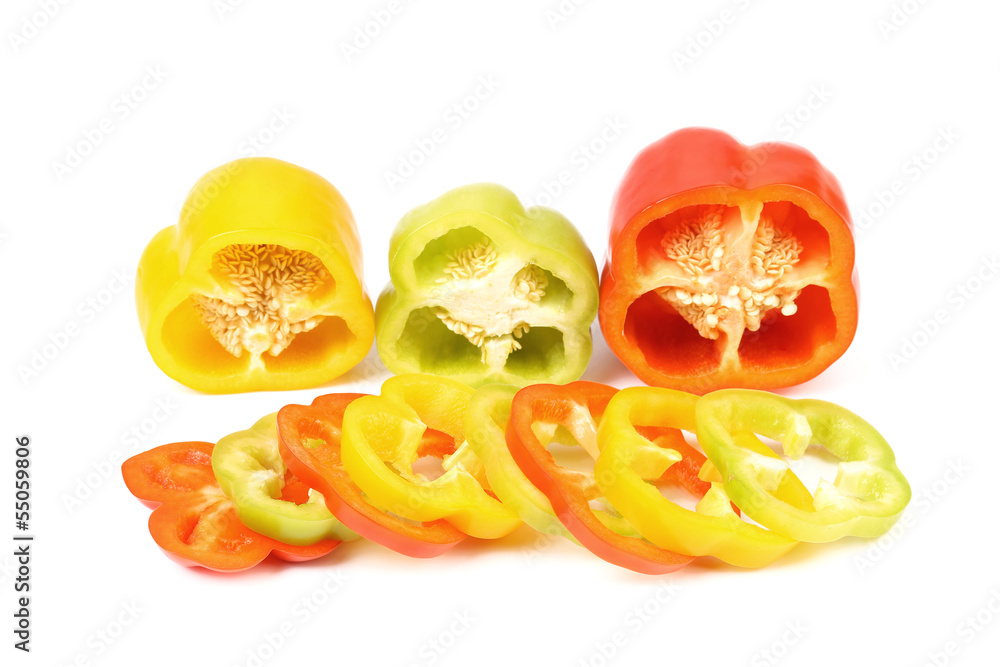 Three half of bell pepper and slices Three half of bell pepper and slices
