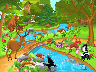 Wandcirkels Cartoons Wilde dieren in dicht bos  © thea07
