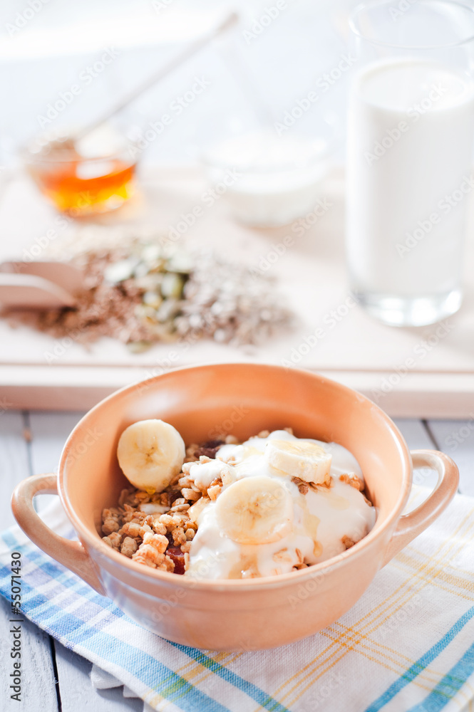 Fitness breakfast with healthy muesli and seeds Fitness breakfast with healthy muesli and seeds