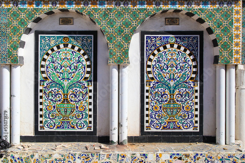 Fototapeta Traditional Arabic Mosaic in Tunisia (Medina). Painted tiles. Co