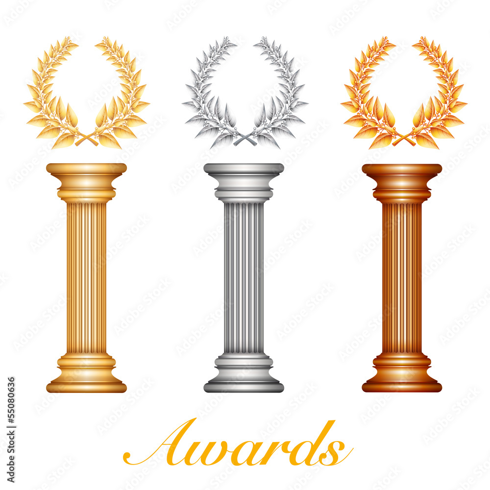 Gold silver and bronze award column with laurel wreath