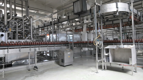 The food industry. Plastic beer bottles moving on conveyor