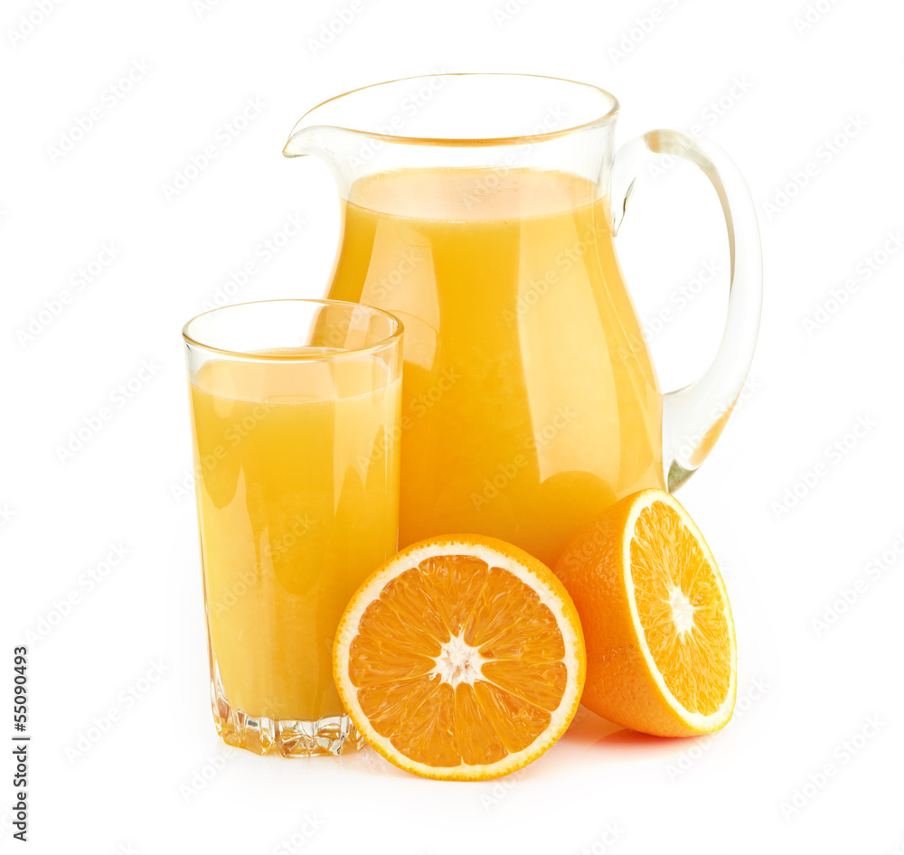Jug, glass of orange juice and orange fruits Jug, glass of orange juice and orange fruits
