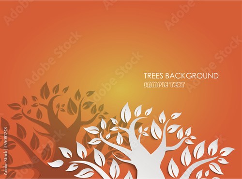 Silhouette of a tree with leaves on orange  backgroundtrees