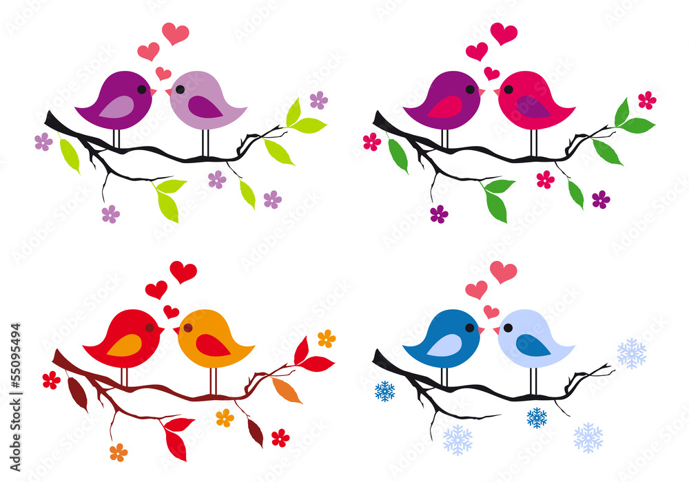 cute birds with red hearts on tree, vector set