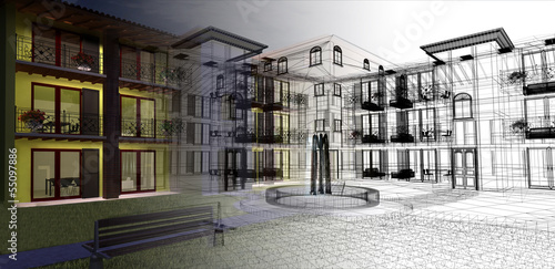 Rendering notturno, esterni, condominio, Appartamento,3d