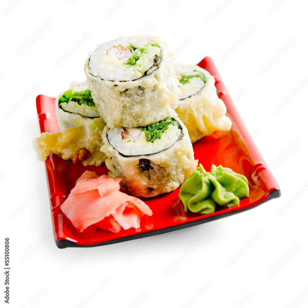traditional fresh japanese sushi rolls on a white background traditional fresh japanese sushi rolls on a white background