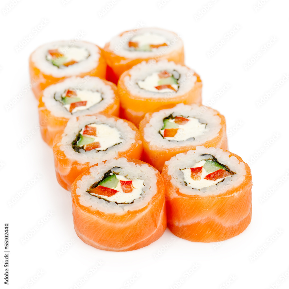 traditional fresh japanese sushi rolls on a white background traditional fresh japanese sushi rolls on a white background