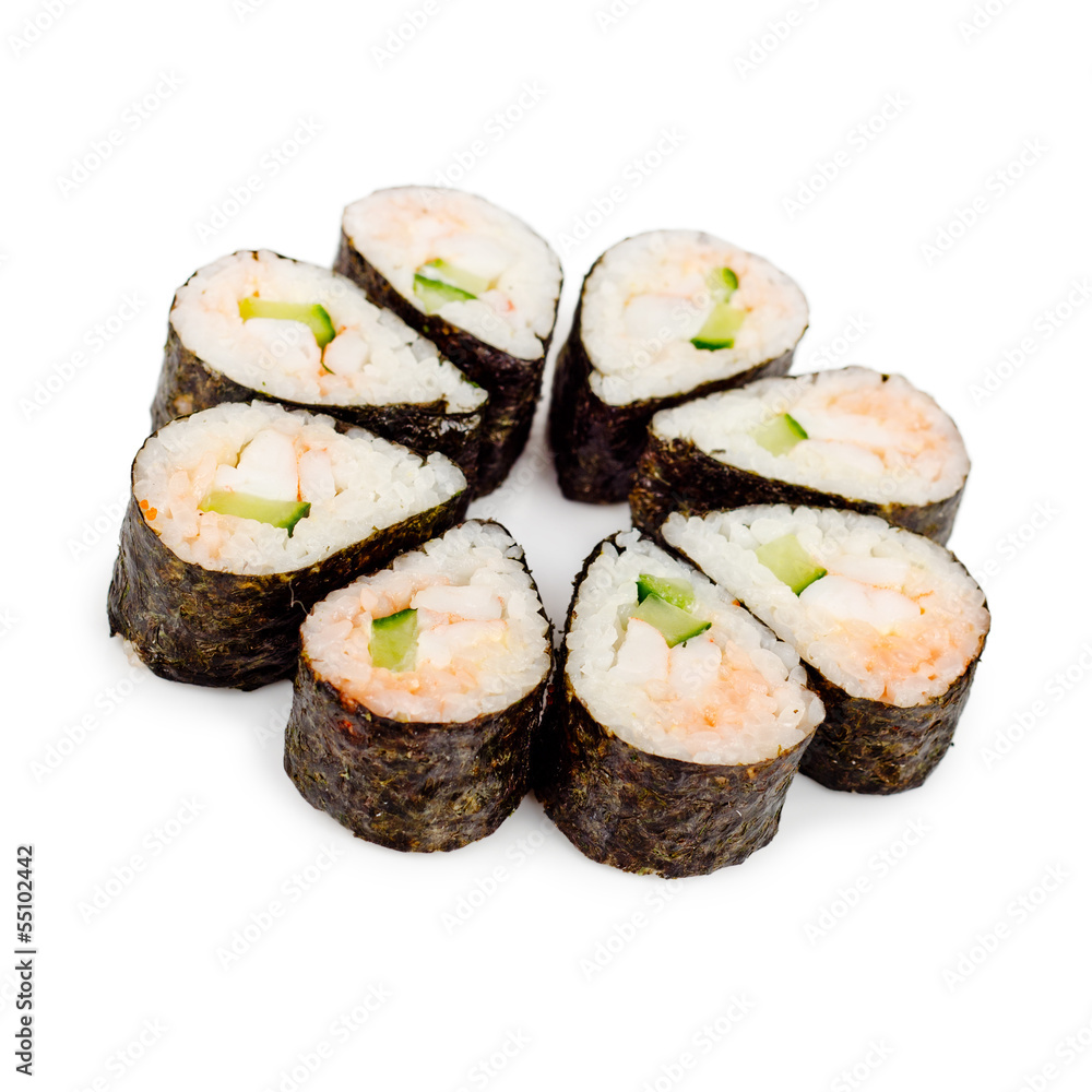 traditional fresh japanese sushi rolls on a white background traditional fresh japanese sushi rolls on a white background