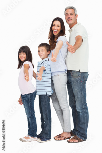 Portrait of a cute family in single file doing thumbs up at came