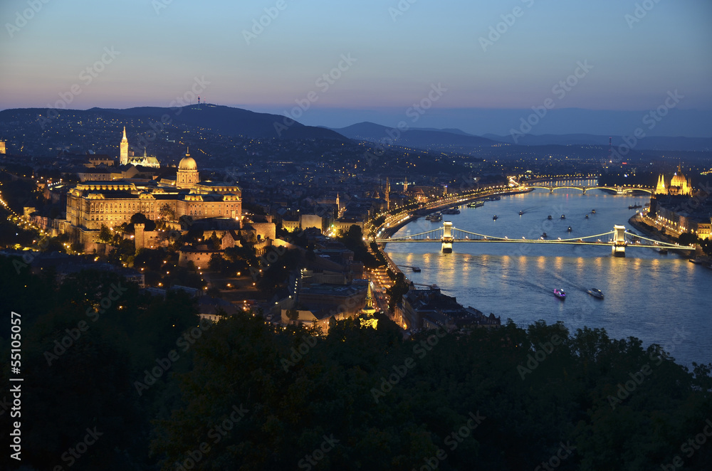 Buda castle and Parliament at night in Budapest, Hungary