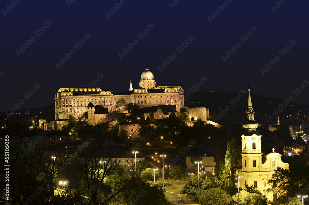 Buda castle at night in Budapest, Hungary