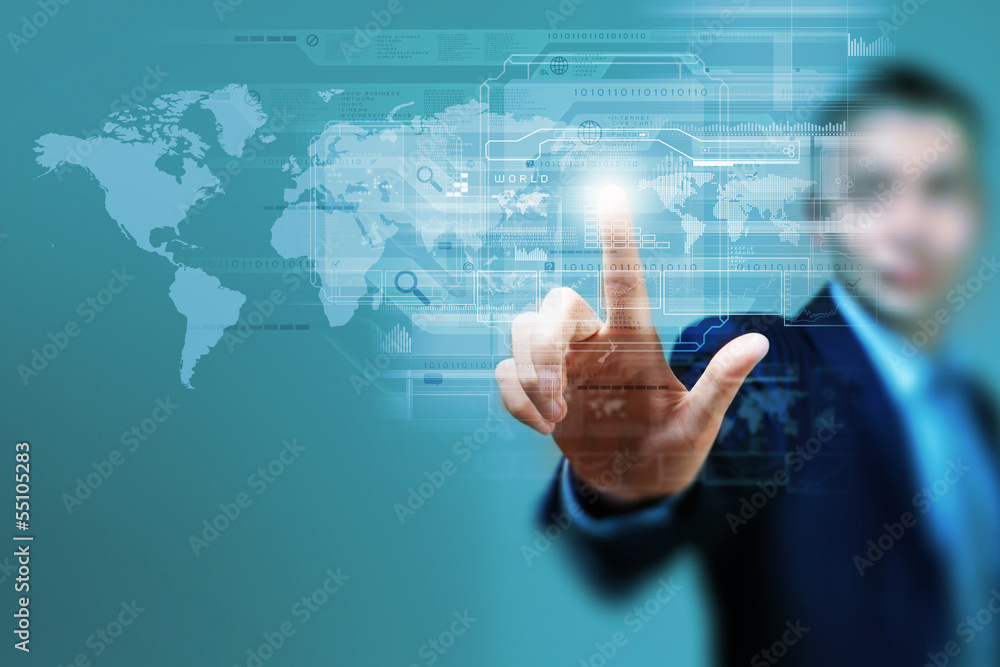 Businessman touching icon Businessman touching icon