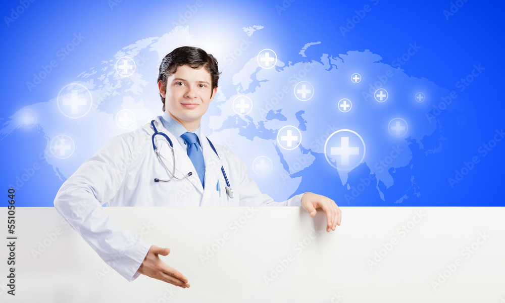Doctor with blank banner Doctor with blank banner