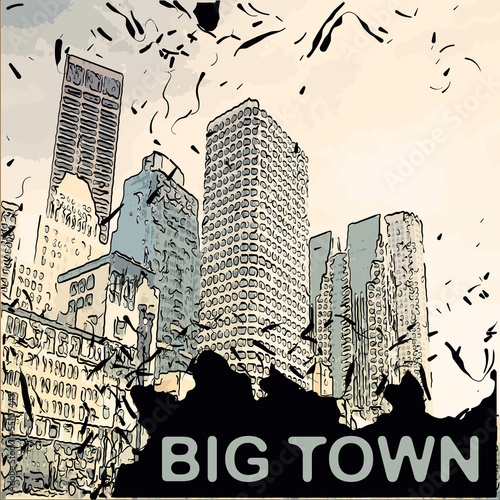 Vector city with cartoon houses and buildings - skyscrapers