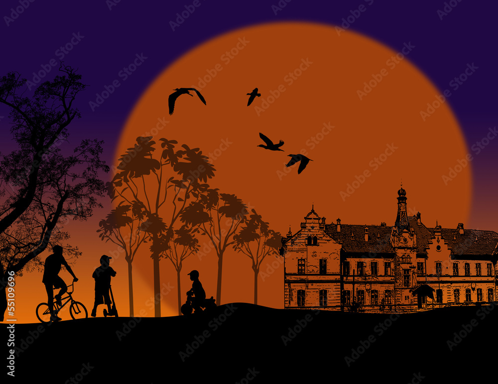 Naklejka premium Background illustration with children in the city park