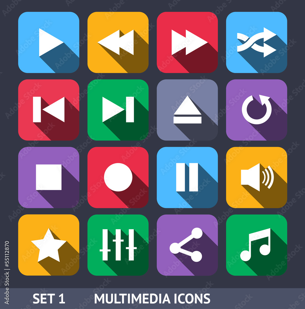 Multimedia Vector Icons With Long Shadow Set 1 Multimedia Vector Icons With Long Shadow Set 1