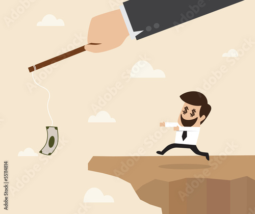 Businessman chasing money trap to the edge of cliff