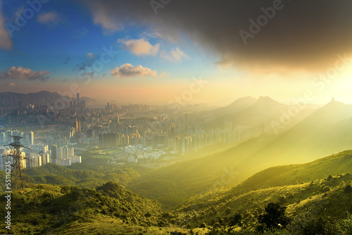 Mountain landscape at sunset in downtown Hong Kong
