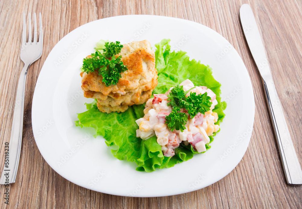 Chicken cutlets with salad on a plate
