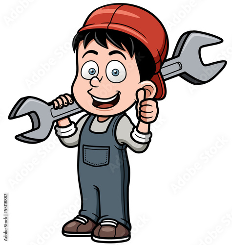 Vector illustration of Cartoon mechanic holding a huge wrench