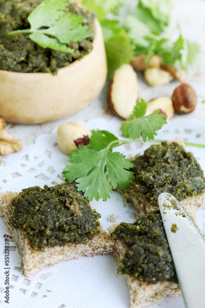 Canapes of pate with cilantro