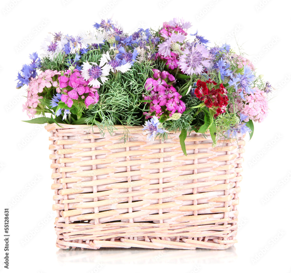 Beautiful bouquet in basket isolated on white Beautiful bouquet in basket isolated on white