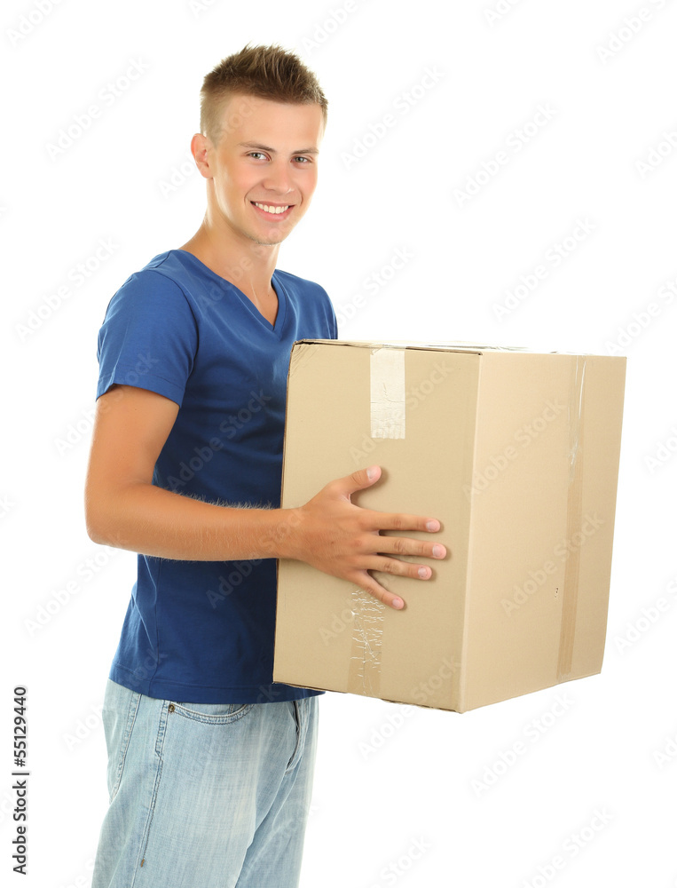 Young delivery man holding parcel, isolated on white Young delivery man holding parcel, isolated on white