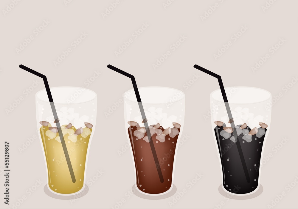 Three Kind of Iced Coffee on Brown Background Three Kind of Iced Coffee on Brown Background