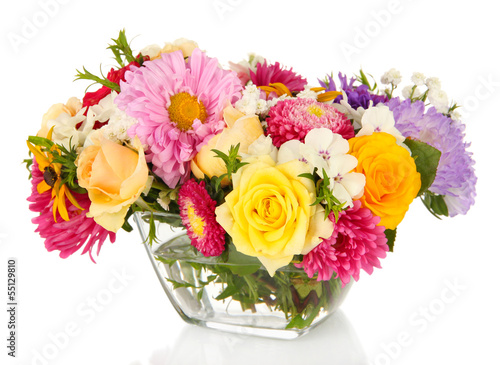 Fototapeta Naklejka Na Ścianę i Meble -  Beautiful bouquet of bright flowers in glass vase, isolated