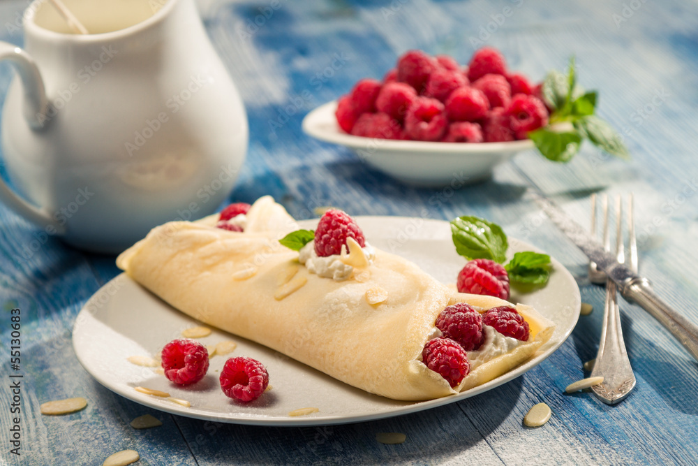Pancakes with raspberry and cream Pancakes with raspberry and cream