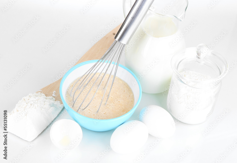 Ingredients for dough isolated on white Ingredients for dough isolated on white