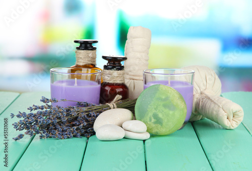 Fototapeta Naklejka Na Ścianę i Meble -  Still life with lavender candle, soap, massage balls, soap and