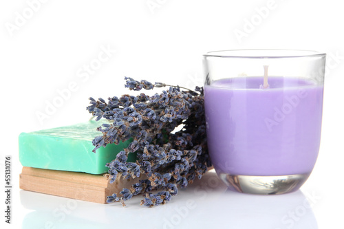 Fototapeta Naklejka Na Ścianę i Meble -  Lavender candle with soap and fresh lavender, isolated on white
