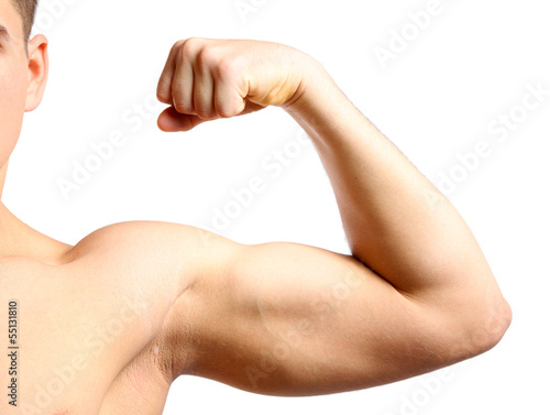 Young muscular man hand with biceps, isolated on white