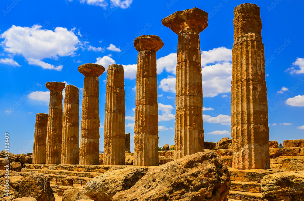 Stone columns of temple ruins in Agrigento, Sicily