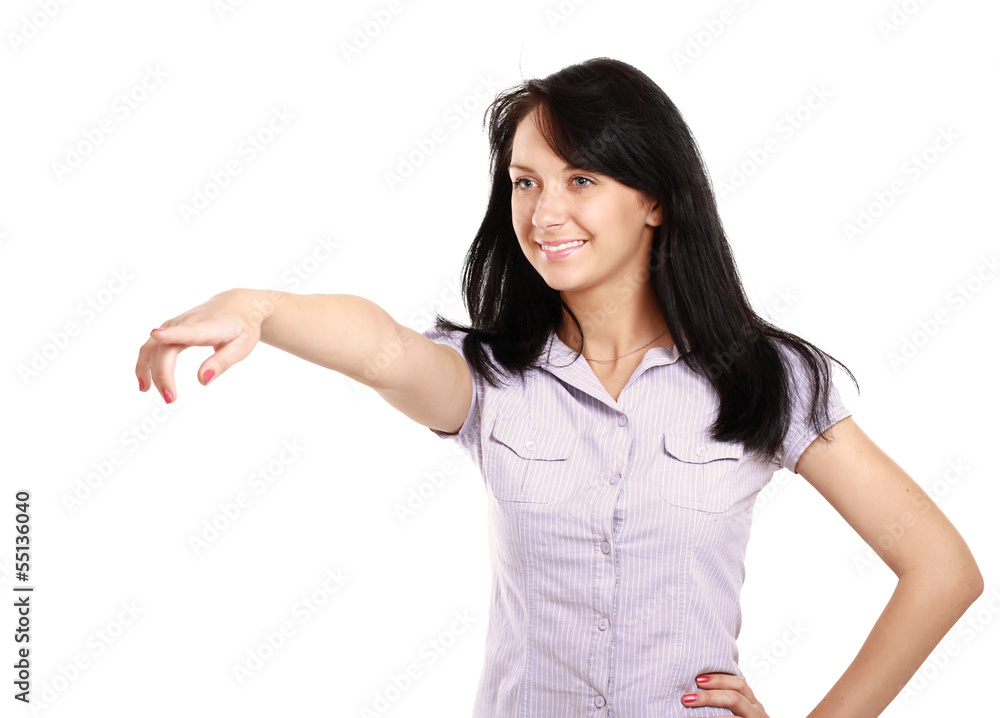 Woman pointing up at copy space over white background Woman pointing up at copy space over white background